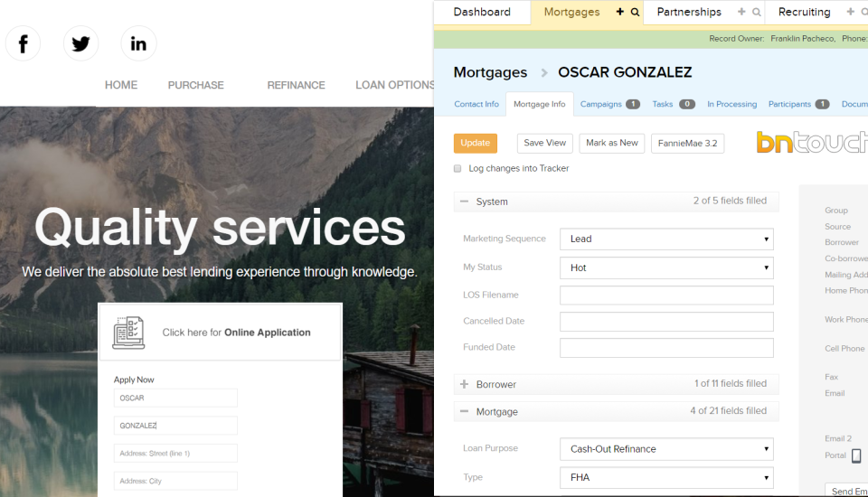 screenshot of BNTouch Mortgage CRM